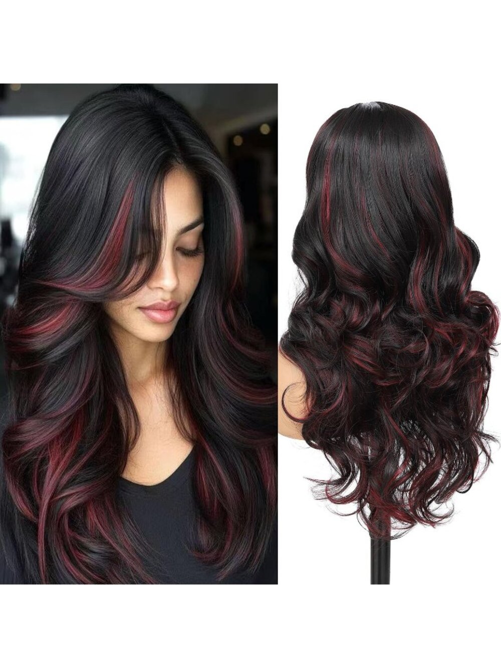 Women's Black Mixed Red Heat Resistant Synthetic Layered Modern Long Wavy Wigs